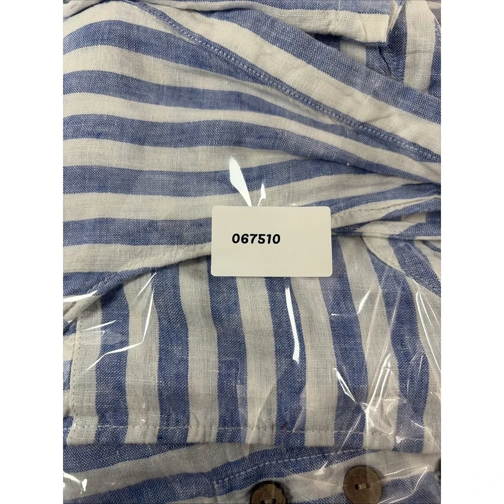 Nicole Miller 100% Linen V-Neck Dress Blue White Striped Popover Nautical Resort - Picture 10 of 10